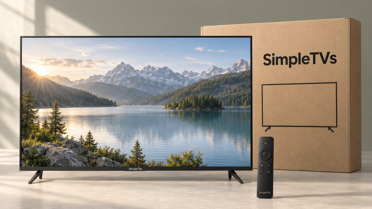 SimpleTVs television, physical-button remote, and kraft shipping carton
