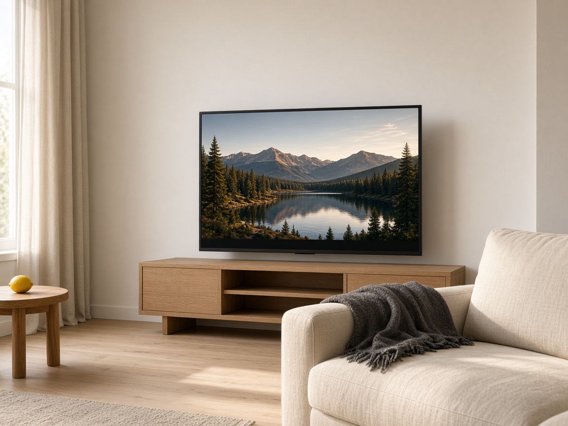 Quiet living room with a slim black television showing a mountain lake, no on-screen apps or Wi-Fi icons